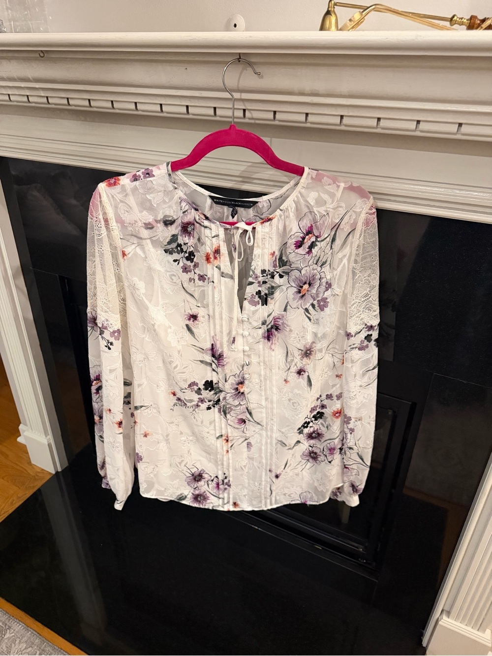 White House Black Market White Blouse with Purple Floral Print